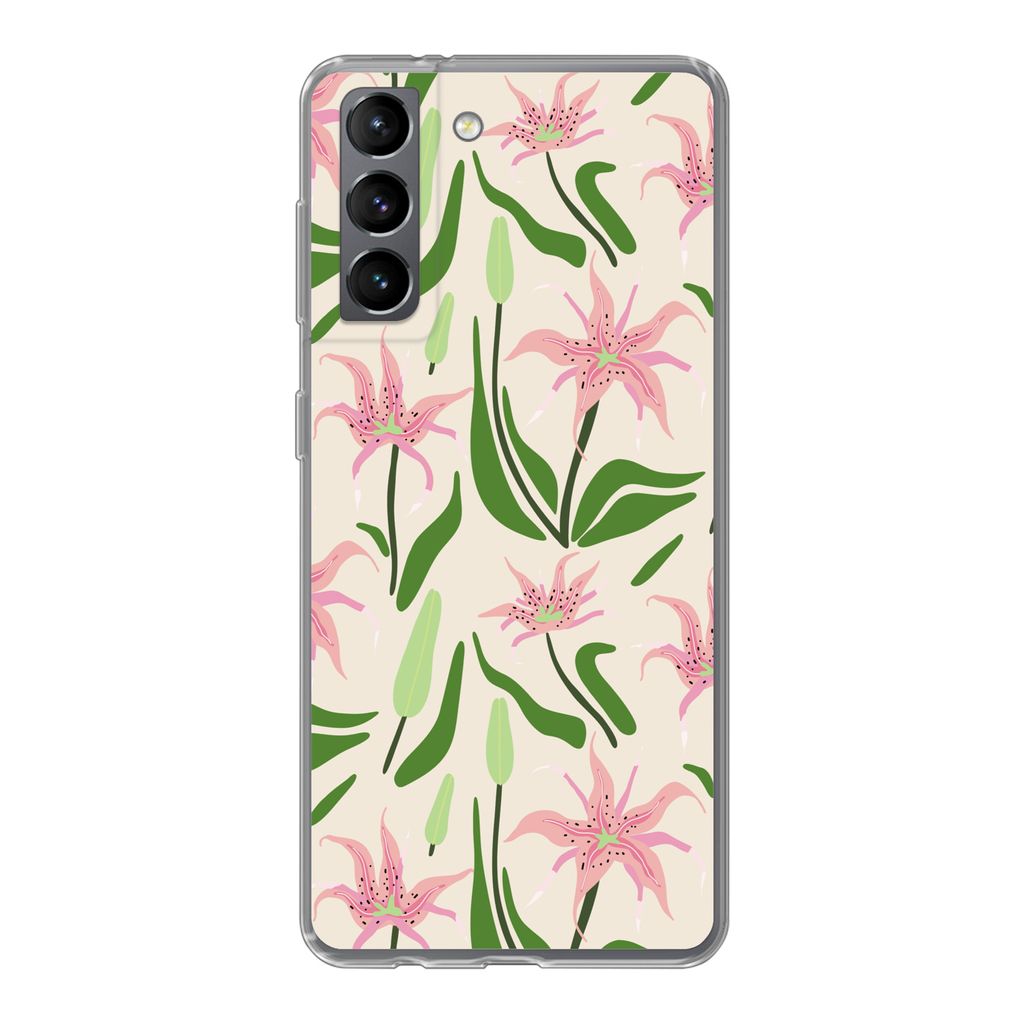 MuchoWow Handyhülle Schutzhülle Hülle für Samsung Galaxy S21 Blume - Rosa - Blatt Silikon Softcase Handy Hülle - Softcase