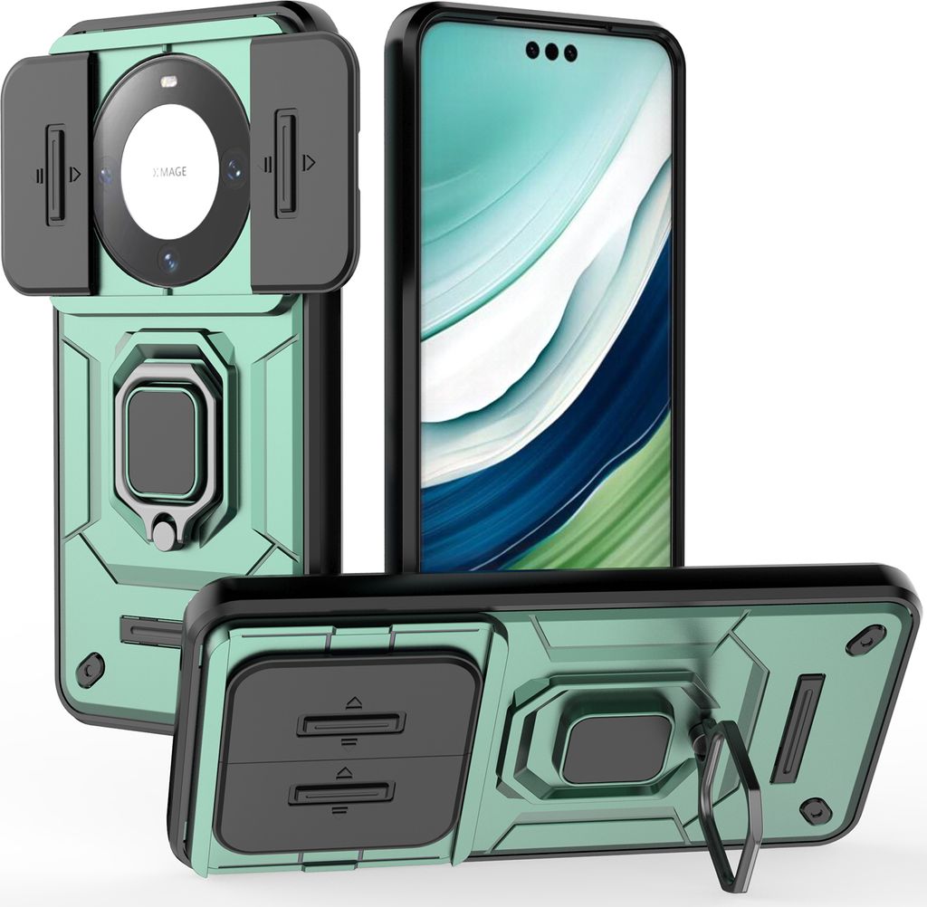Hülle für Huawei Mate 60 Pro Dual Layer Handyhülle Schiebe Kamera Schutz und Ringhalter Ständer Grün