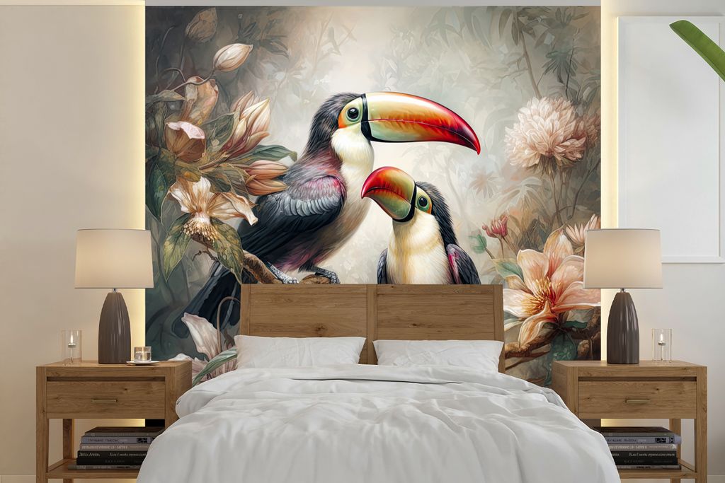 MuchoWow Fototapete für Wohnzimmer oder Schlafzimmer Wandtapete Vinyl Motivtapete Tukan - Vögel - Blumen - Dschungel - 280x280 cm - Hintergrund...