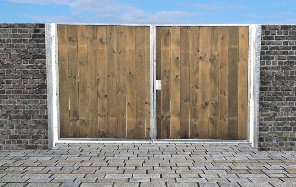 Einfahrtstor Ss Tor Verzinkt mit Pfosten & Holzfüllung 2-flügelig 300cm x 160cm