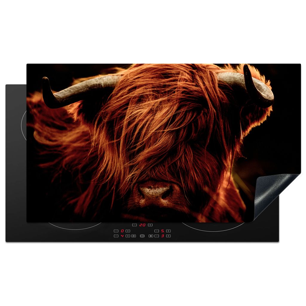 KitchenYeah Herdabdeckplatte Schottischer Highlander - Kuh - Hörner - Porträt - Tiere , 91x52cm, Küche Deko, Glaskeramikkochfeld Herdabdeckung...