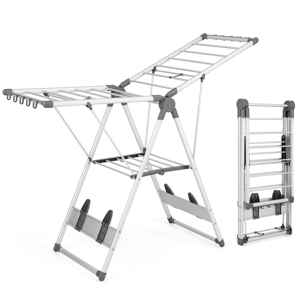 GOPLUS Trockenständer aus Aluminium, Faltbarer Wäscheständer mit Verstellbarer Doppelflügel & 4 Schuhregal, Standtrockner mit rutschfesten Fü...