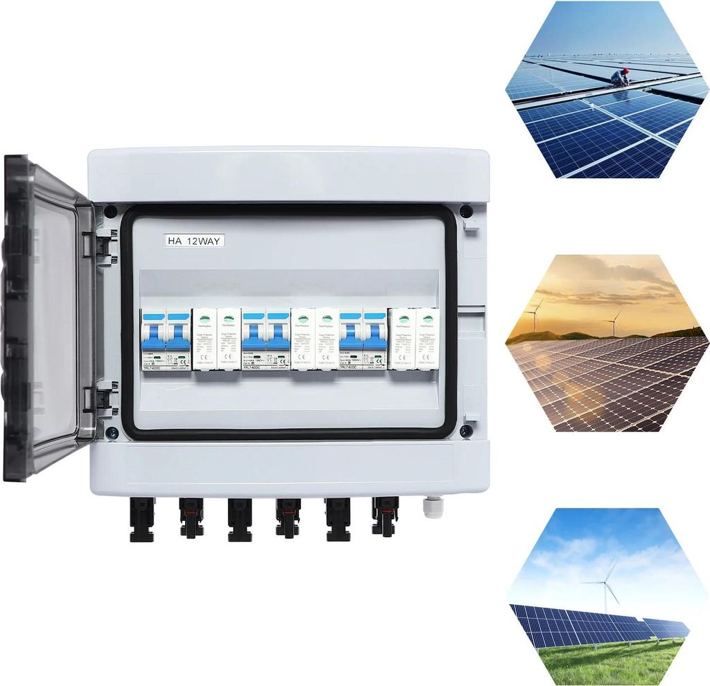Solar-/PV-Combiner-Box - DC 1000V 40A - 3 Eingänge 3 Ausgänge - IP65 IK10 - 2-poliger DC-Leitungsschutzschalter 40A - T2 Überspannungsableiter -...