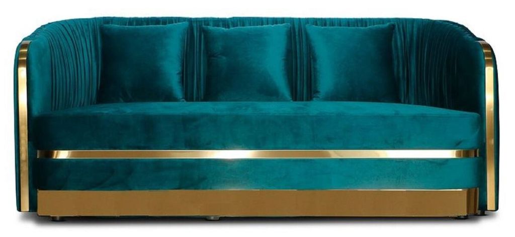 Casa Padrino Art Deco Samt Sofa Grünblau / Gold 180 x 78 x H. 80 cm - Wohnzimmer Sofa - Art Deco Wohnzimmer Möbel
