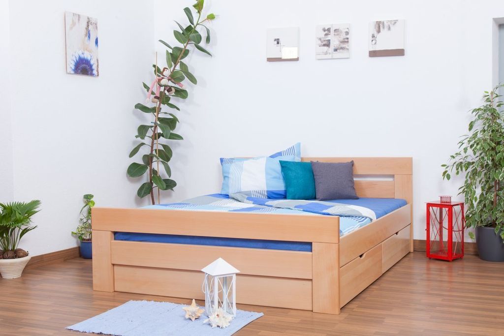 Doppelbett / Funktionsbett "Easy Premium Line" K6 inkl. 2 Schubladen und 1 Abdeckblende 160 x 200 cm Buche Vollholz massiv Natur