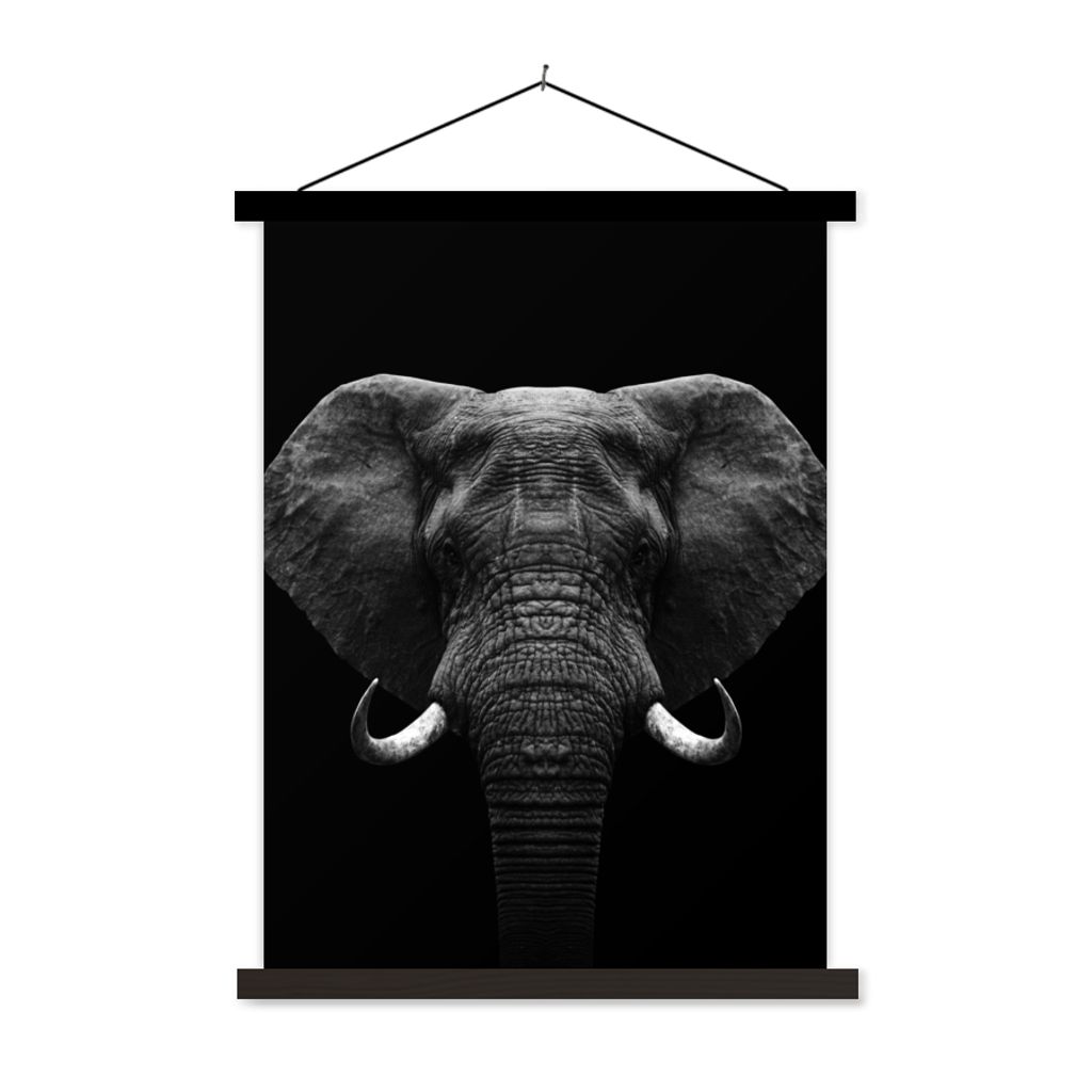 MuchoWow Textilposter Tiere - Elefant - Porträt - Schwarz - Weiß 60x80 cm mit schwarzem Rahmen - Plakathalter