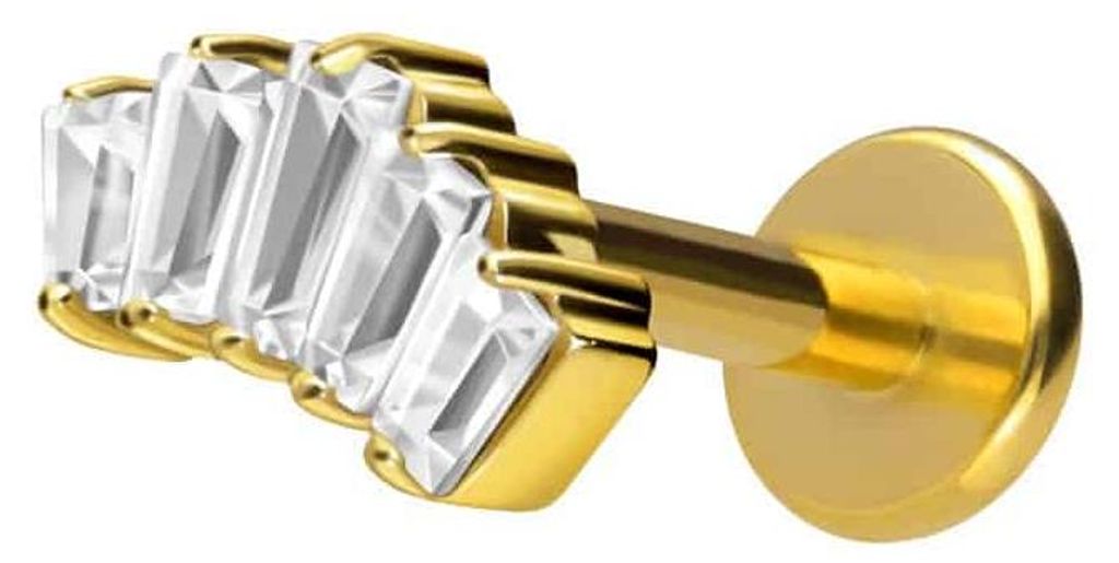 Ohrpiercing, Nasenpiercing Titan Labret mit Innengewinde 5 EINGEFASSTE KRISTALLRECHTECKE Gold Stablänge: 6mm | Stabstärke: 1,2mm