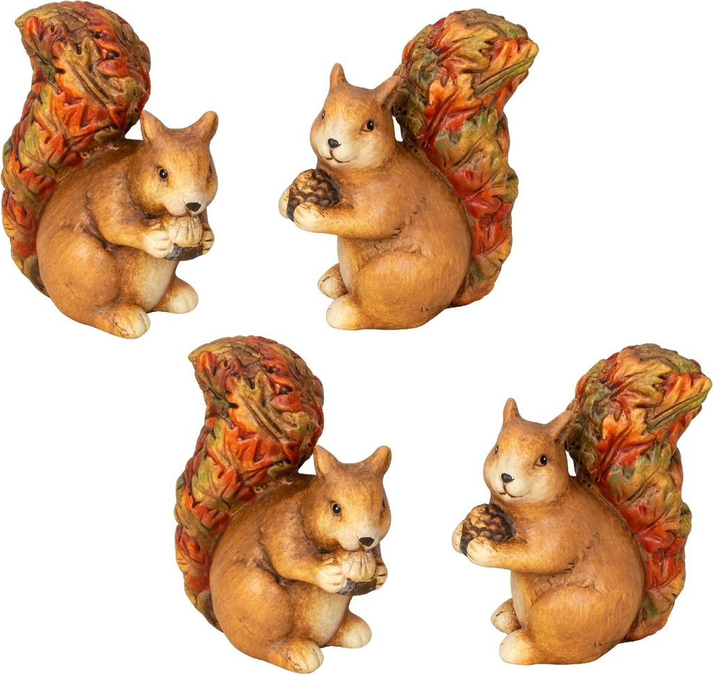 4 Stück Eichhörnchen mit Nuss Figuren H 11 cm Blätter Dekofigur