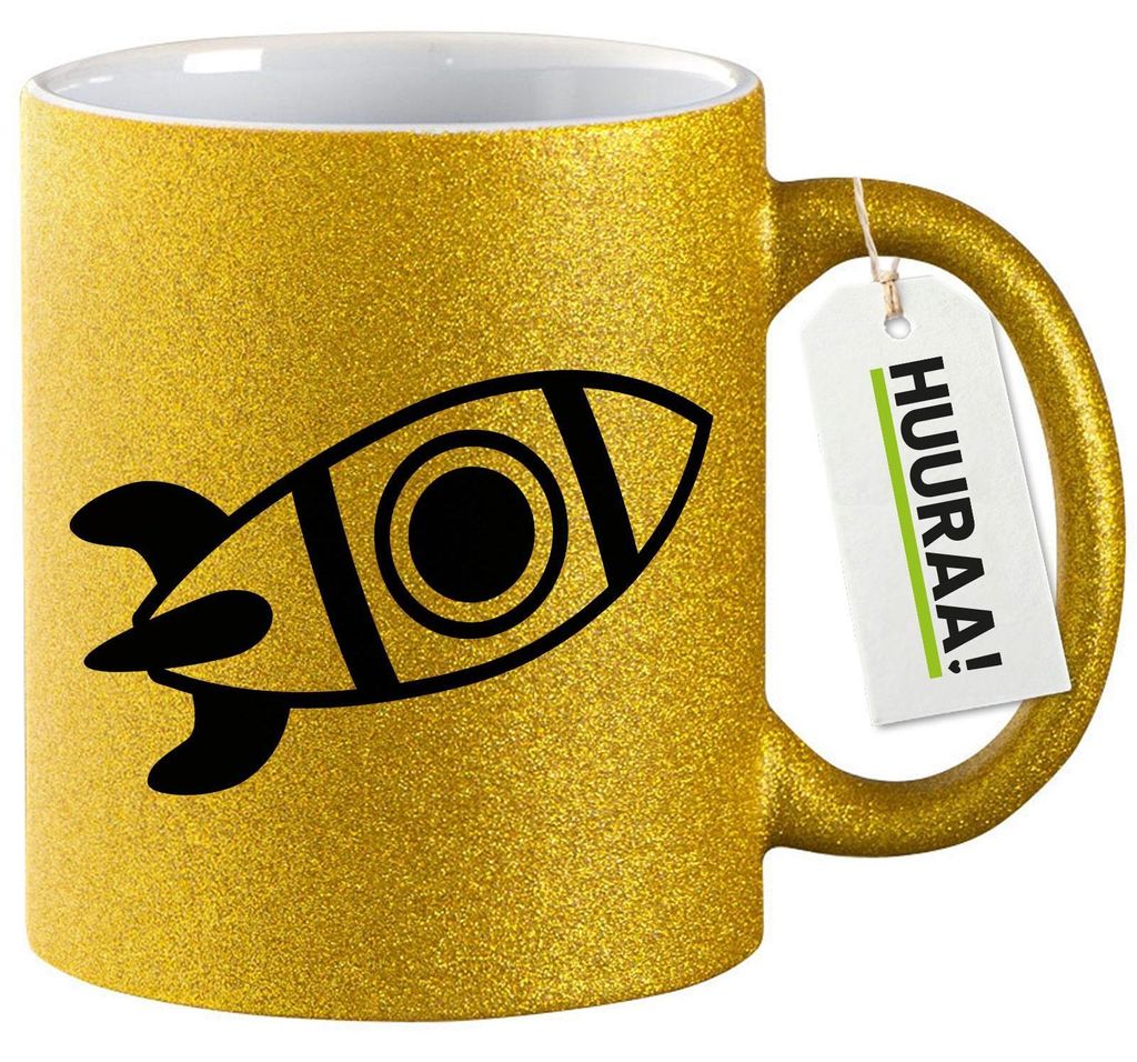 Huuraa Glitzertasse Rakete Raumschiff 330ml Gold Keramik Kaffeebecher Geschenkidee