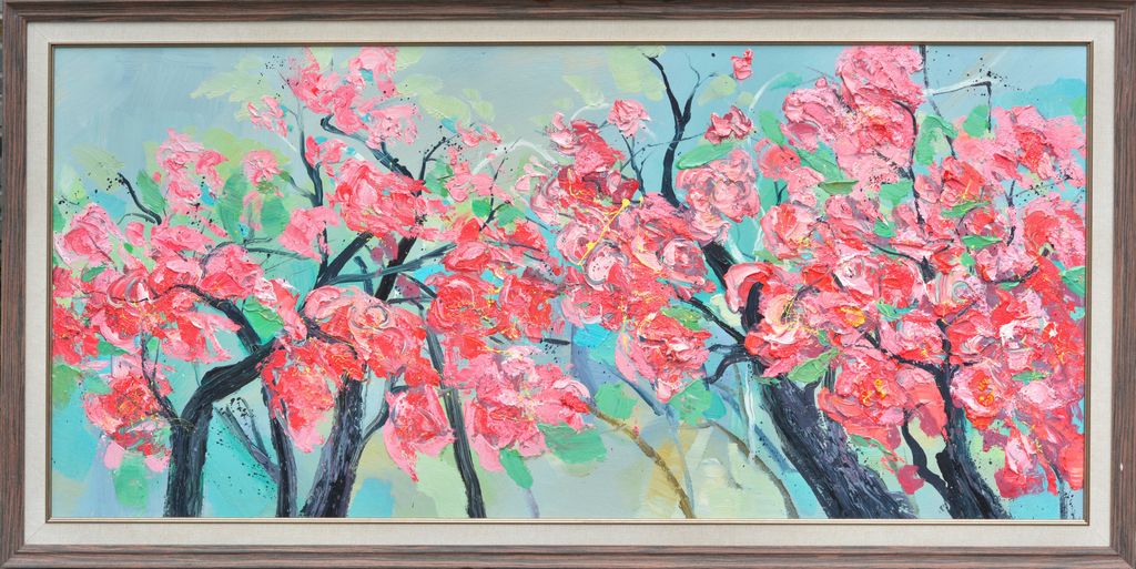 Fine Asianliving Ölgemälde 100% Handgemalt 3D Texture Rahmen Holz 70x150cm Rosa Blumen