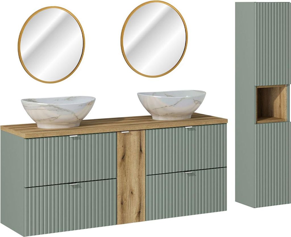 Set Doppelwaschtisch 140cm 4 Spiegel LED und Säule Jade Grün und Holz