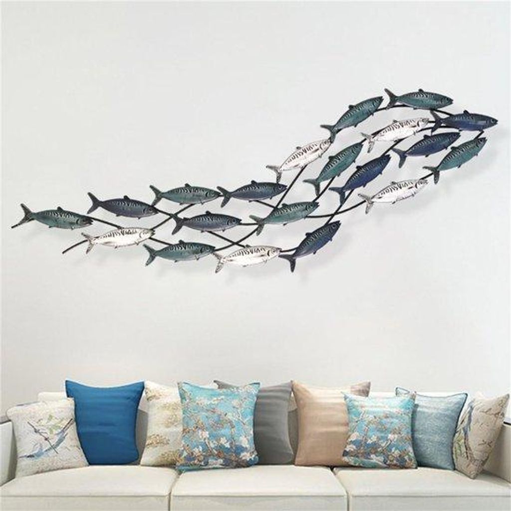 Metallische Wandkunst - Schule - Küstenatmosphäre - 3D Fischaussehen - 150x42 cm - Blau-Weiß