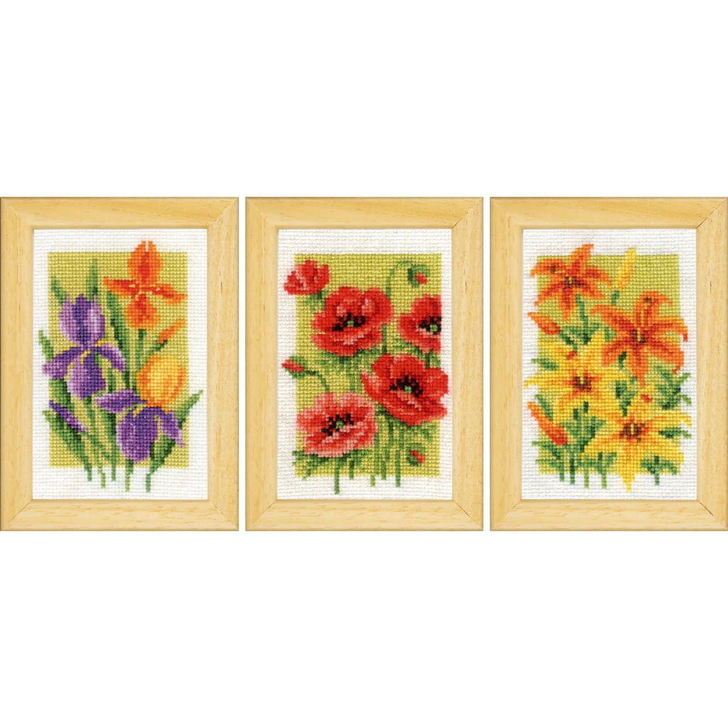 Vervaco Miniaturen Kreuzstich Set "Sommerblumen 3er Set", Zählmuster, 8x12cm