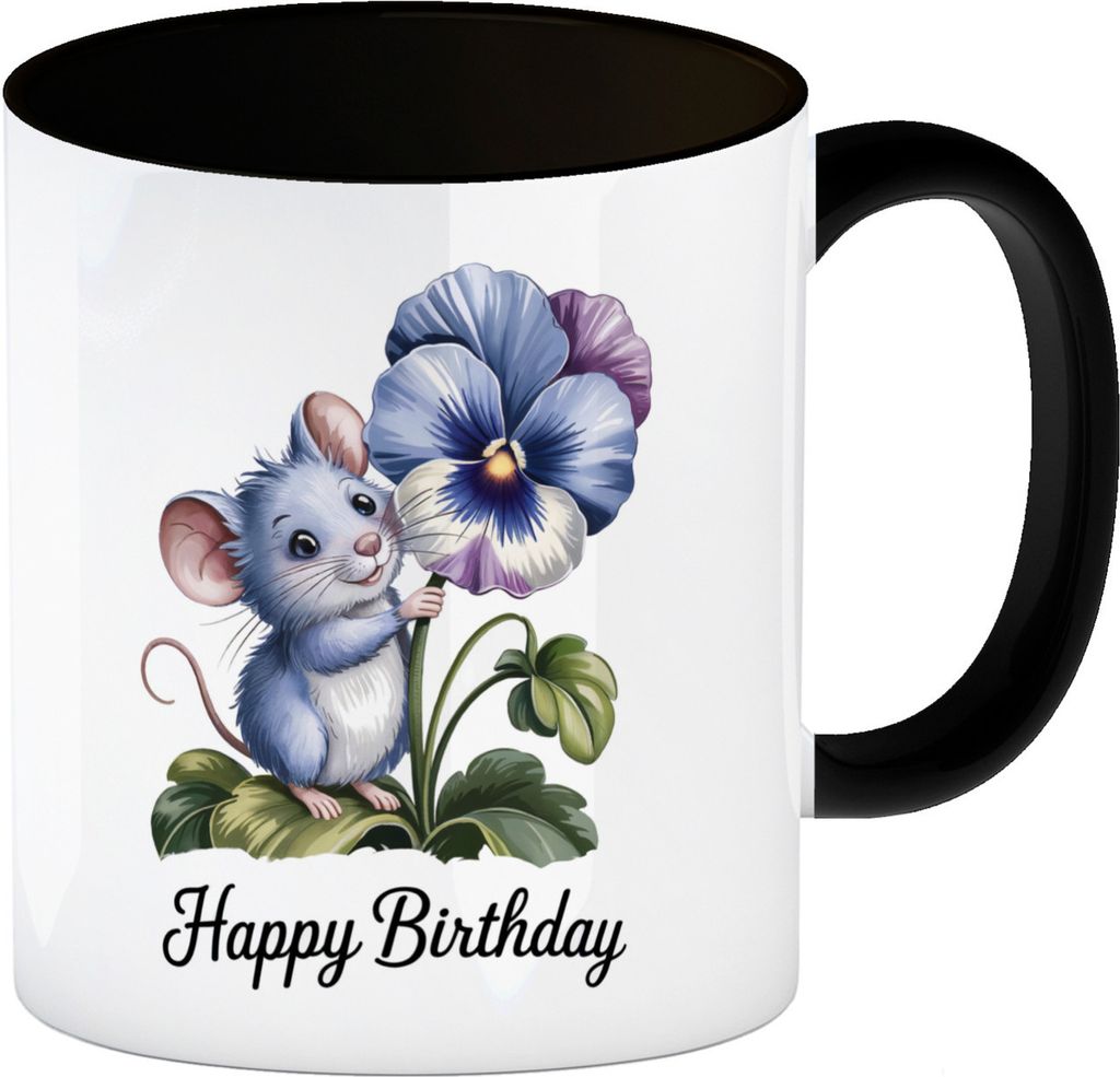 Maus mit Stiefmütterchen Kaffeebecher in schwarz HAPPY BIRTHDAY