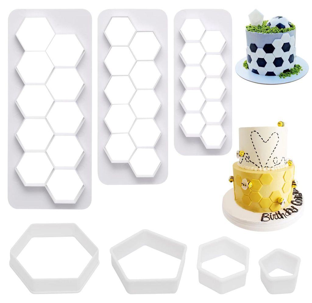 7-teiliges Set aus fußballförmigen Ausstechformen, sechseckige Fondantformen aus Kunststoff zum Dekorieren von Kuchen/Keksen, DIY-Fußballkekse