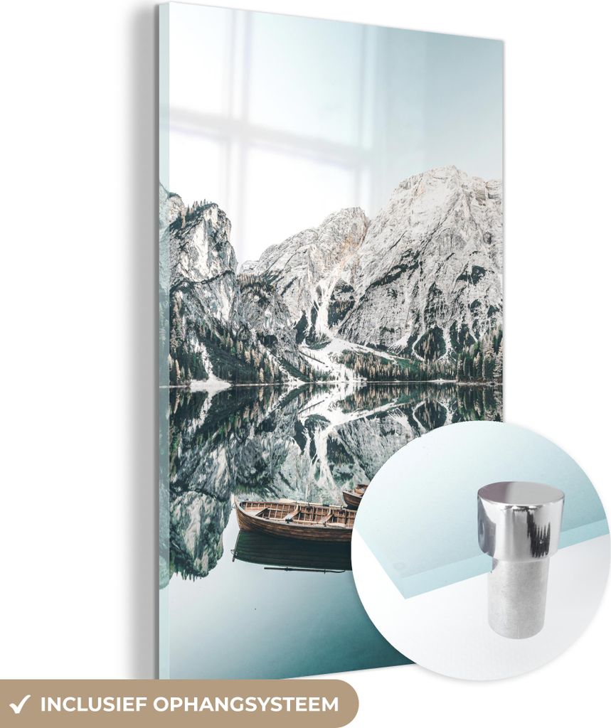 MuchoWow Glasbilder - Bilder auf Wandbild - Foto auf Glas Landschaft - Boot - Winter - Berge 60x90 cm Wanddekoration aus Glas - Acrylglasbild - Acr...