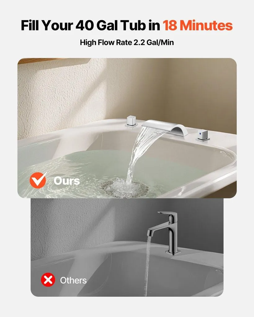 Mélangeur de baignoire cascade 3 trous avec douchette argent chromé - 2