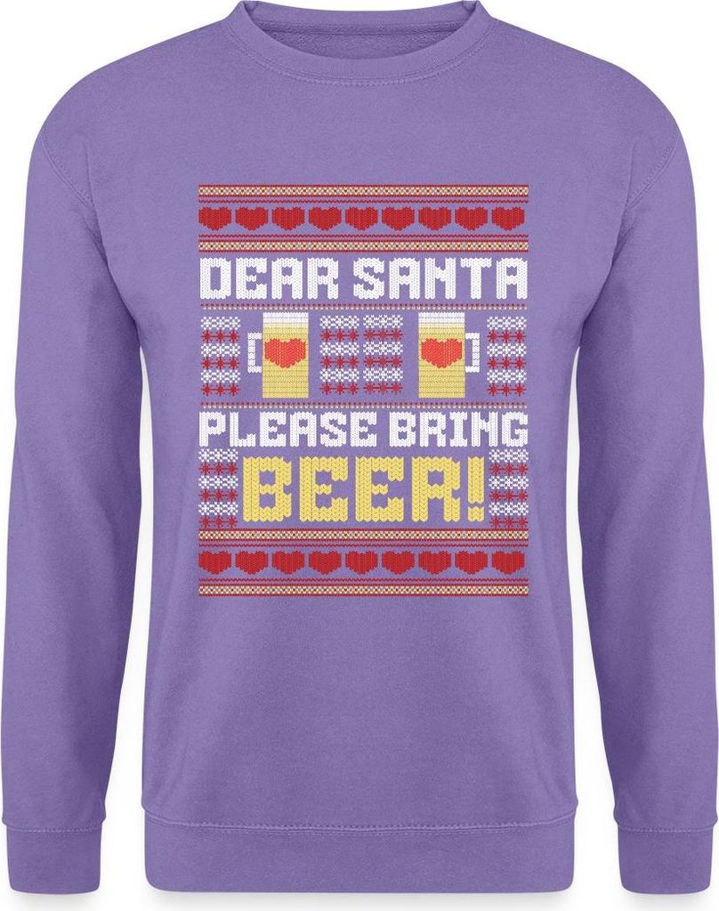 Spreadshirt Dear Santa Please Bring Beer Ugly Christmas Bier Uni Pullover, XL, Lavendel