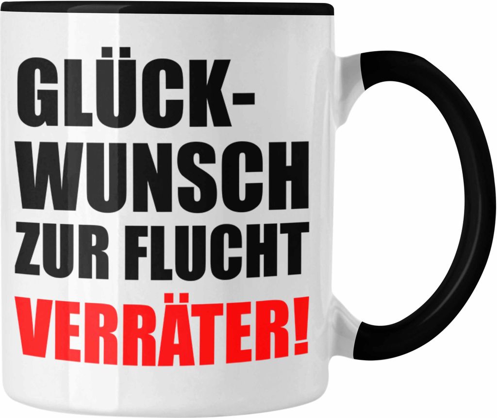 Trendation - Jobwechsel Kaffeetasse Geschenk Kollegin Kollege Lustig Abschiedsgeschenk Sprüche Glückwunsch Zur Flucht (Schwarz)