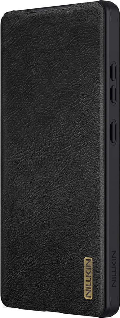 A black phone case with a textured surface and a gold logo.