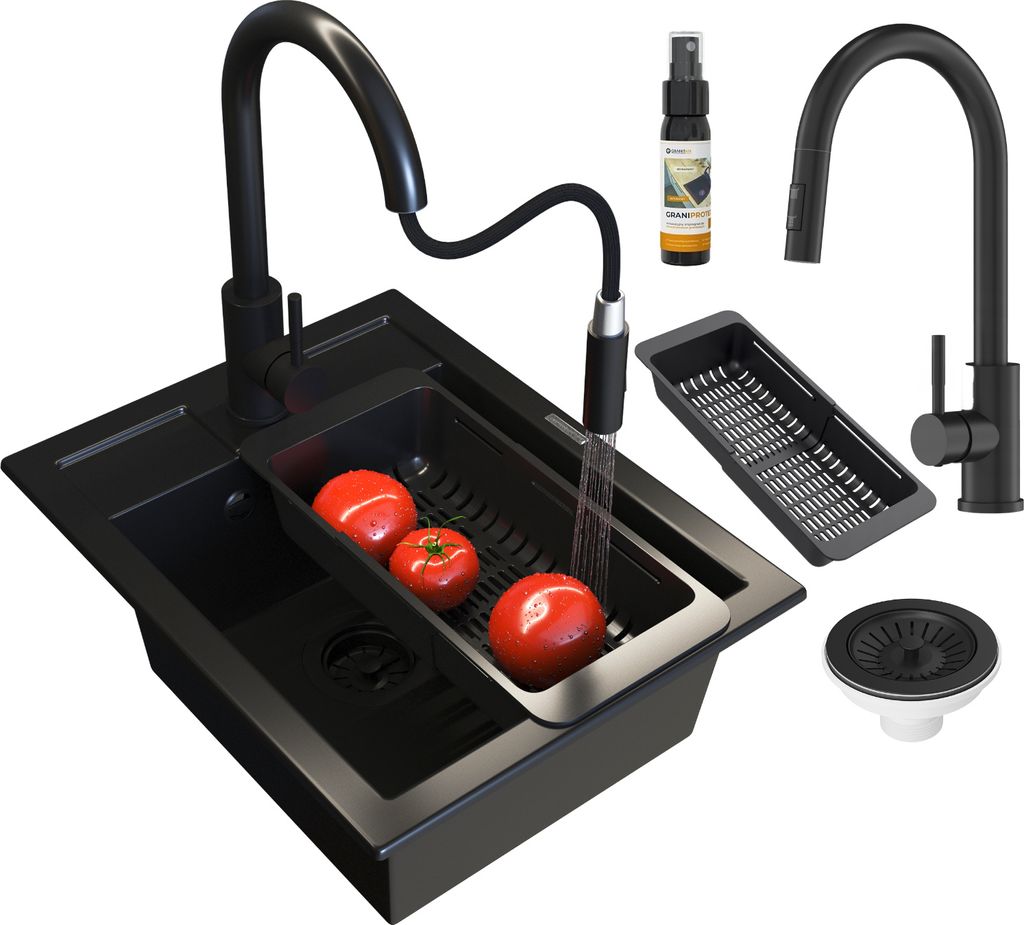 Granitan | Granitspüle BEST - Schwarz - Mit Küchenarmatur LOSETO und Zubehör - Hochwertig und Praktisch