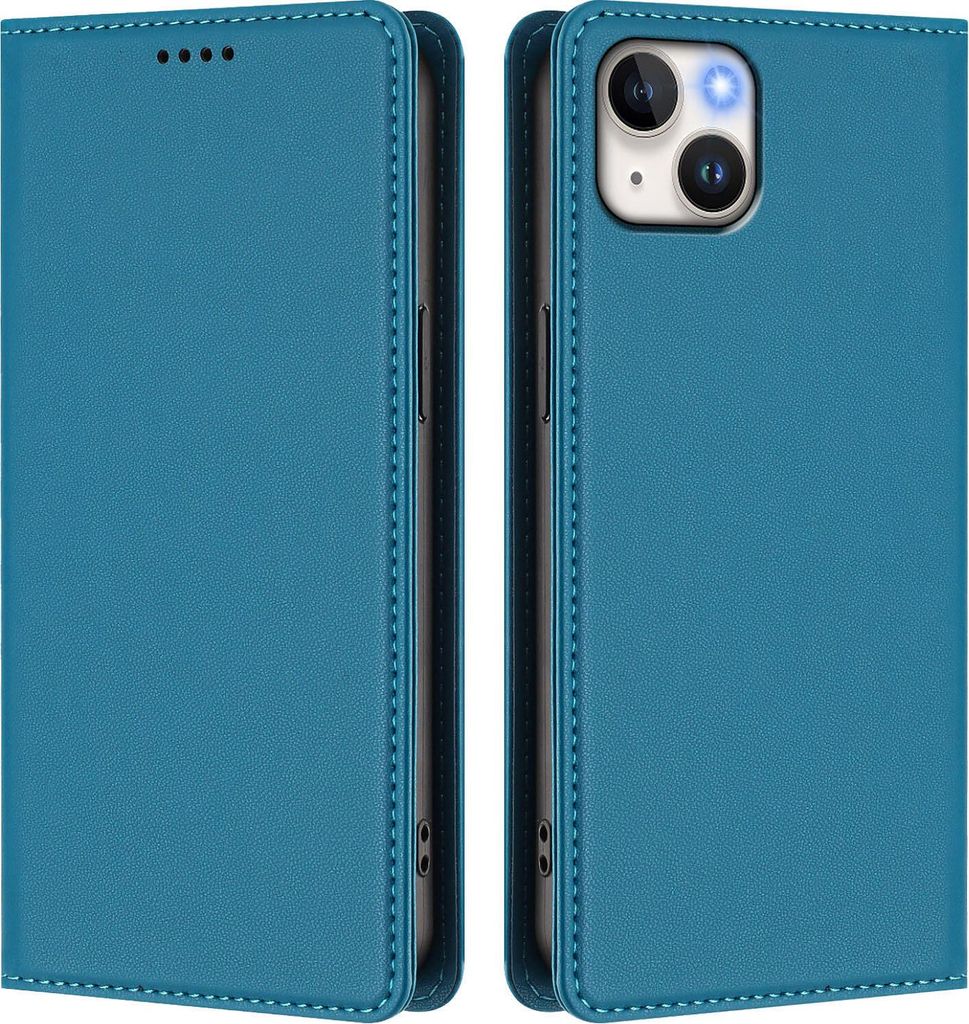 Handyhülle für iPhone 15 Plus, Kunstleder Klapphülle Stoßfeste Magnetische Hülle mit Ständer Blau