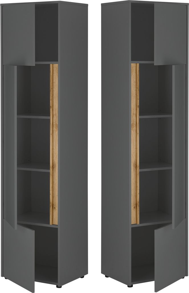 Two identical tall, narrow cabinets with open doors and shelves, featuring a gray exterior and a wood-grain accent in the center.