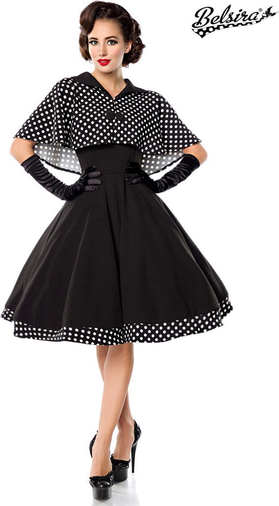 Belsira Damen Swing-Kleid mit Cape Rockabilly-Kleid Cocktailkleid Abendkleid Minikleid, Größe:XL, Farbe:schwarz/weiß