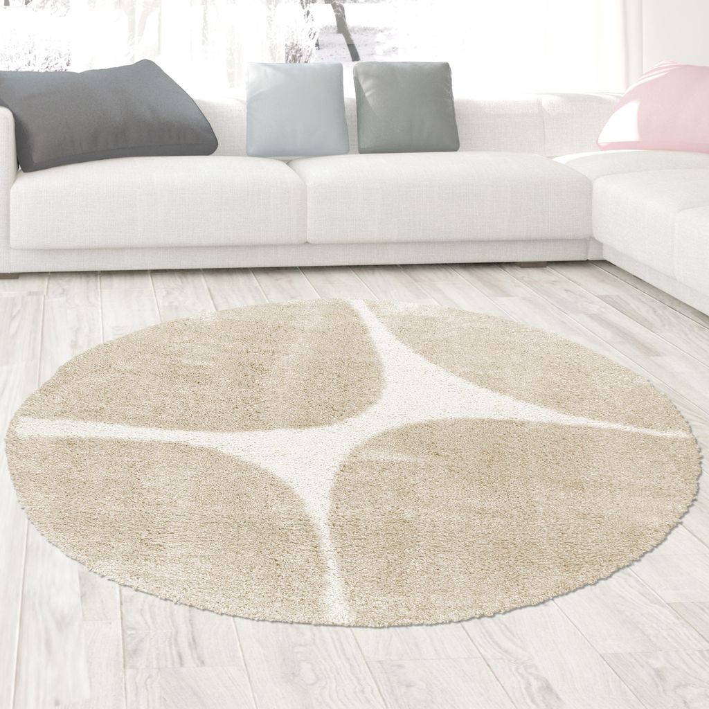 Moderner Hochflor Teppich weiche Oberfläche stilvolles Design mit organischen Linien in Creme Beige Größe - 120 cm Rund