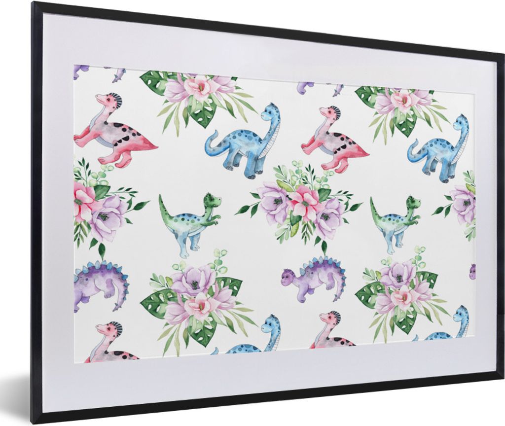 MuchoWow Gerahmtes Poster Dinosaurier - Kinderzimmer - Blumen - Mädchen - Kinder - Rosa - Kind 60x40 cm - Poster mit Schwarzem Bilderrahmen Wand...