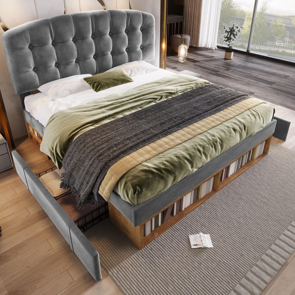 Zerbaco Polsterbett 140x190 cm, Doppelbett Samt Grau mit Lattenrost, gebogenem höhenverstellbarem Kopfteil, Schubladen und Stauraum, Ohne Matratze