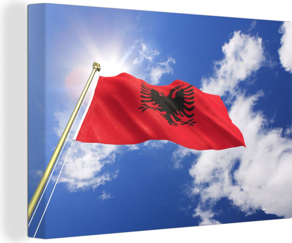 OneMillionCanvasses - Leinwandbilder - 140x90 cm, Flagge von Albanien mit blauem Himmel, Wandbilder Kunstdruck Wanddekoration - Foto auf Leinwand...