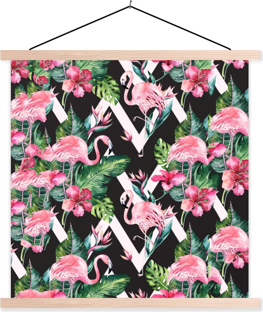 MuchoWow Textilposter Flamingo - Blumen - Blätter - Muster 120x120 cm mit holzfarbenen Rahmen - Textil-Poster
