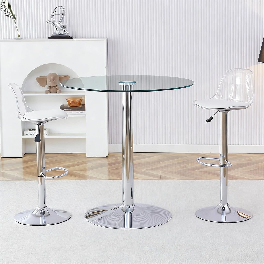 STILVORA Glastisch mit 89 cm Durchmesser und transparenter Optik, die visuelle Weite schafft und Platz spart, Hocker-Set mit 2 Hockern mit silberfa...