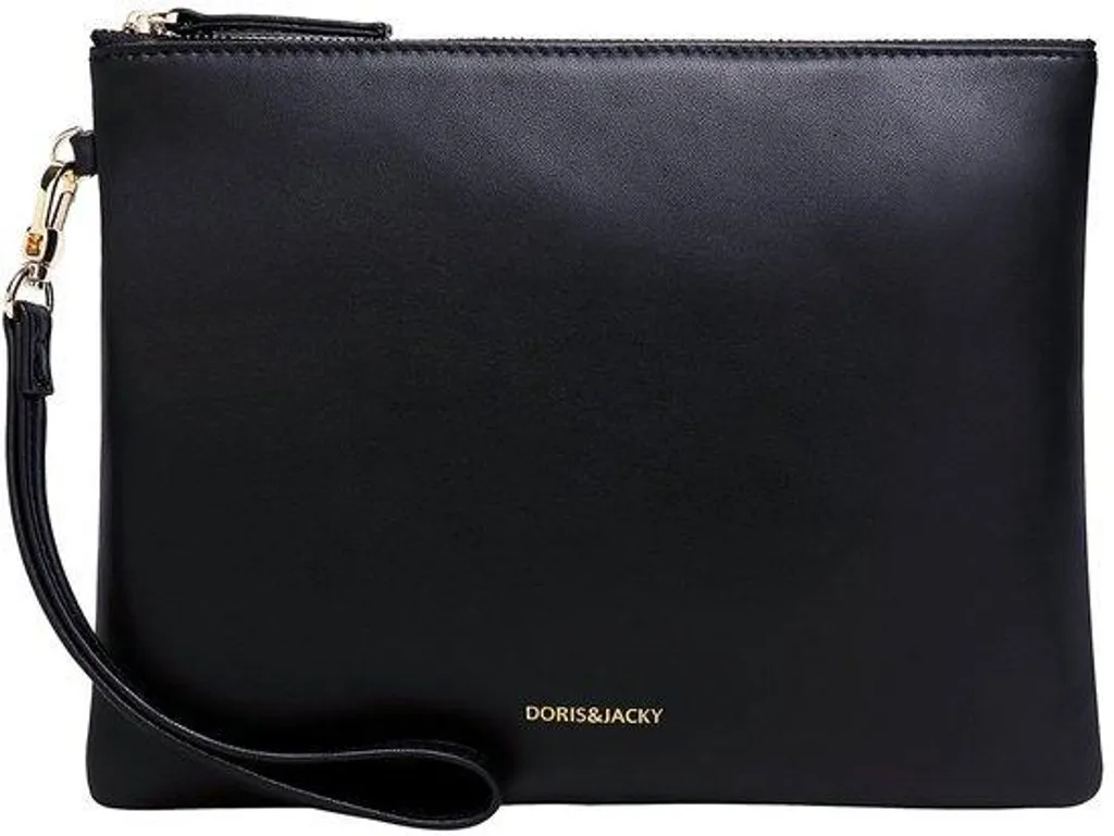 Pochette en cuir véritable noir de taille moyenne dotée d'un bracelet