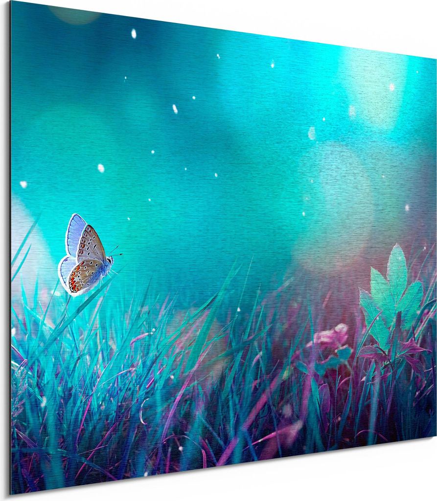 DEQORI Alu-Dibond Bild Silber 80x60 cm 'Märchenhafte Wiese' Wandbild Metall dünn Design