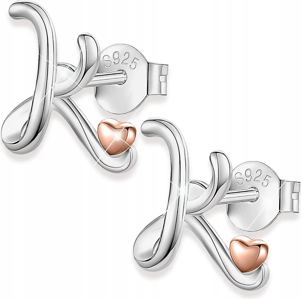 Orecchini d'argento a cuore lettere con cuori borchie lettera K ARGENTO 925