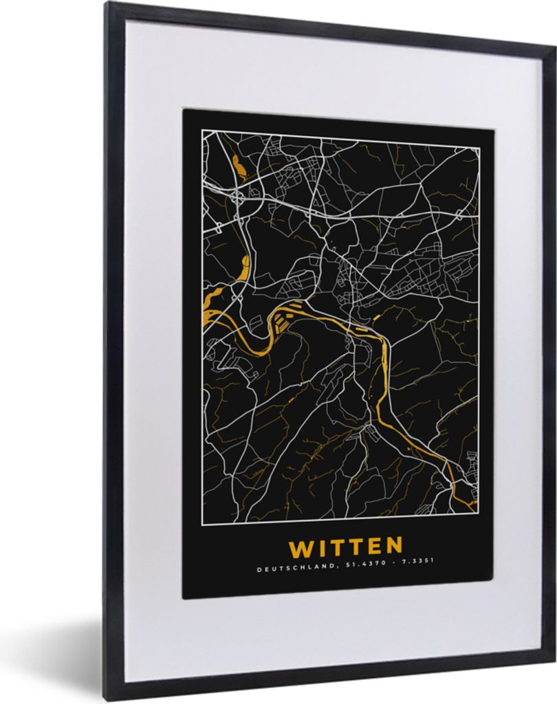 MuchoWow Gerahmtes Poster Witten - Gold - Stadtplan - Karte - Deutschland 30x40 cm - Poster mit Schwarzem Bilderrahmen Wandposter Rahmen Foto Bil...