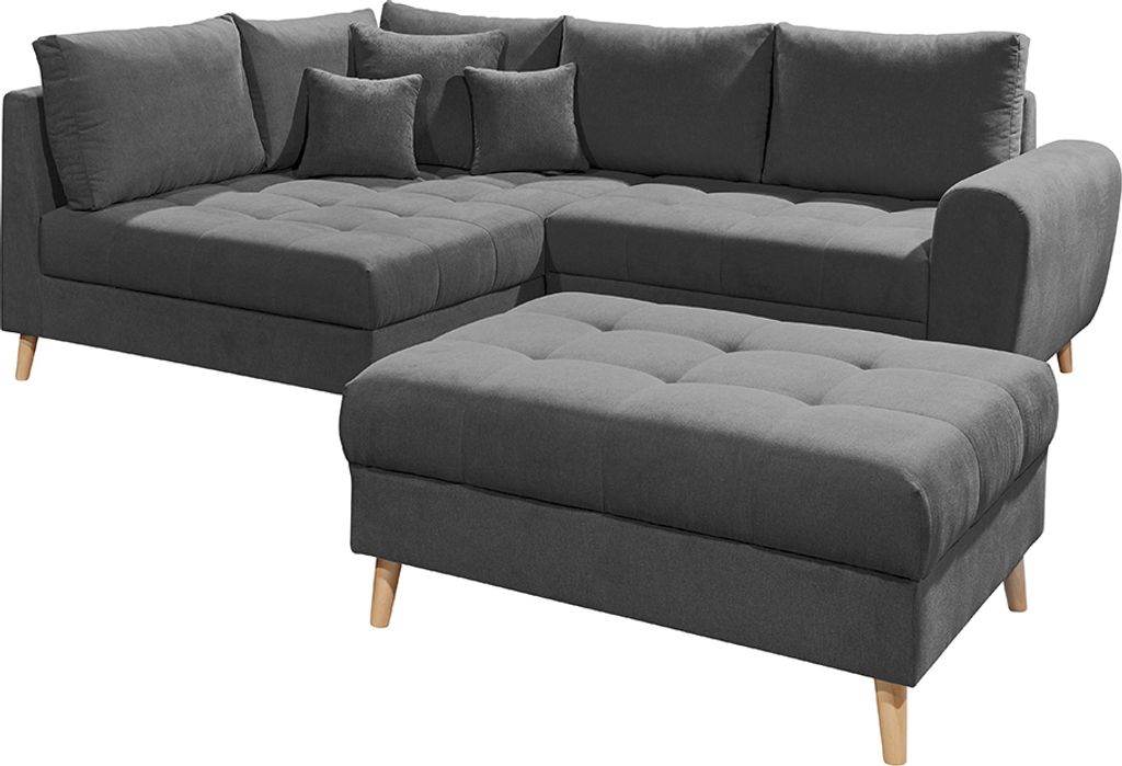 Ecksofa mit Hocker und Kissen in anthrazit, L-Form mit Recamiere links, Serie AREZZO-09
