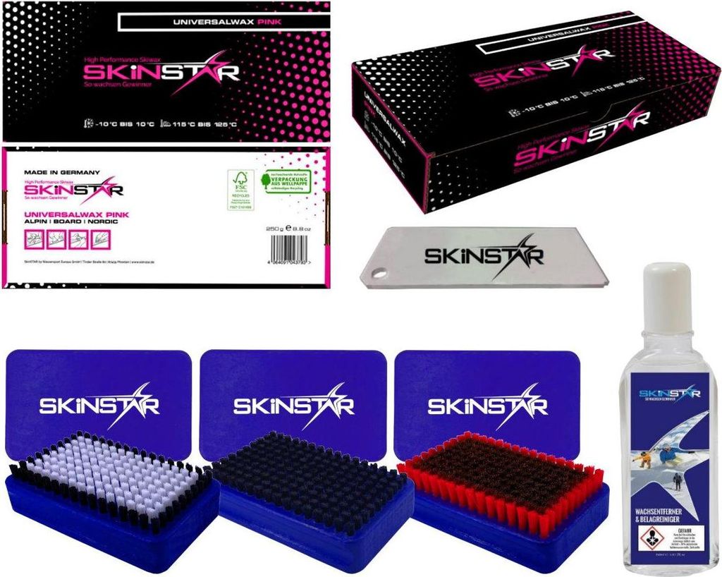 SkinStar Starter Set 6-teilig, 3 x Bürsten, Abziehklinge, Waxentferner Skiwachs Type A