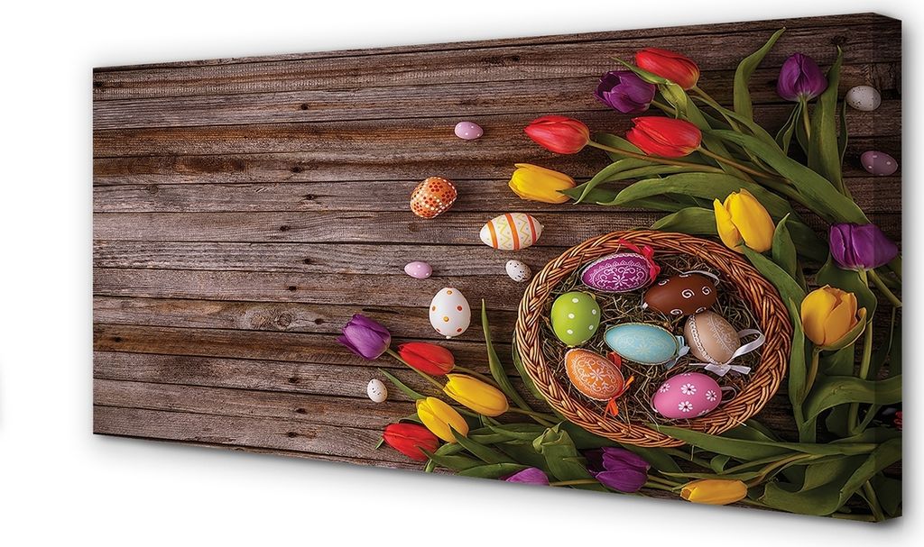Leinwandbild 140x70 Wandkunst Eier Tulpen Bretter