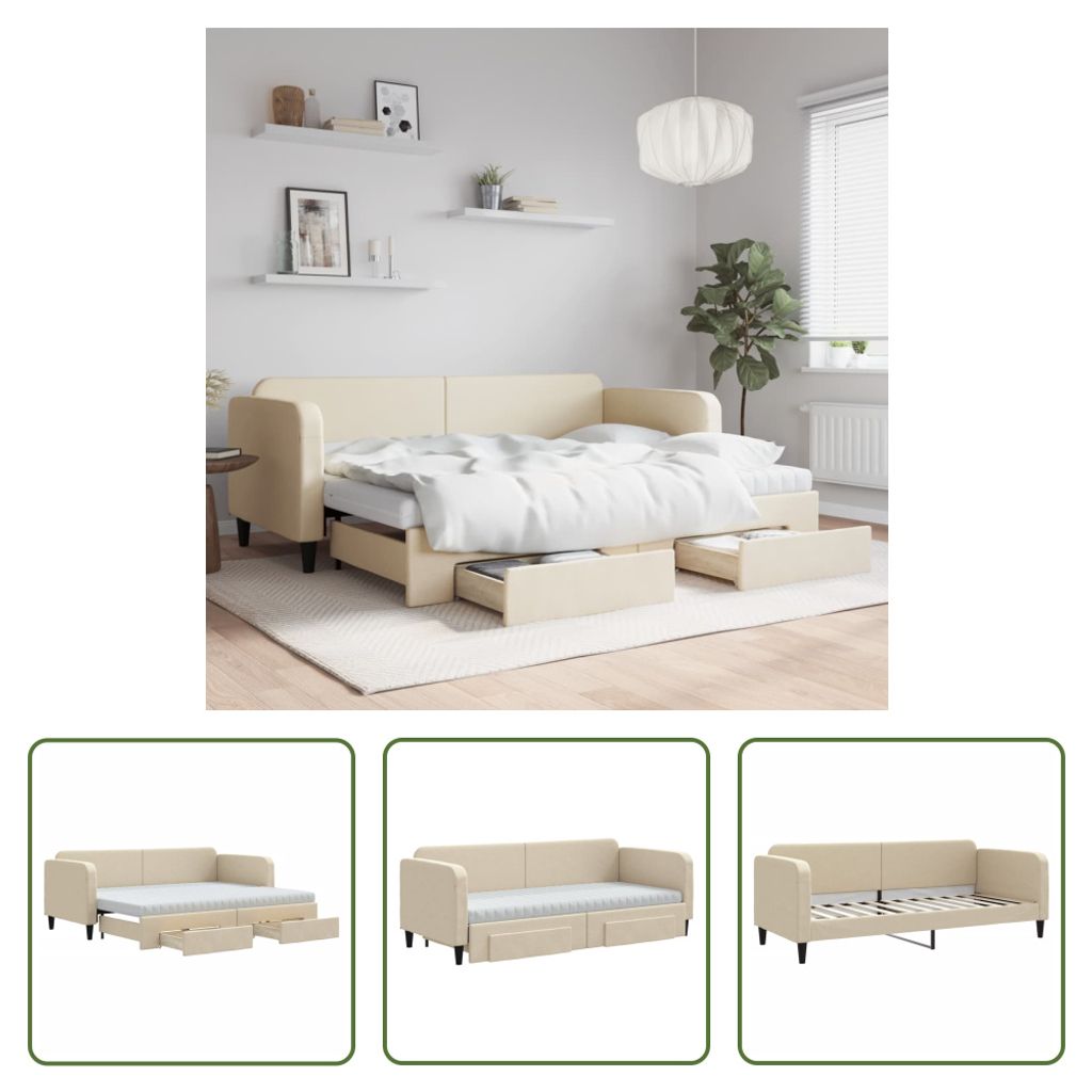 The Living Store Tagesbett Ausziehbar mit Schubladen Creme 80x200 cm Stoff
