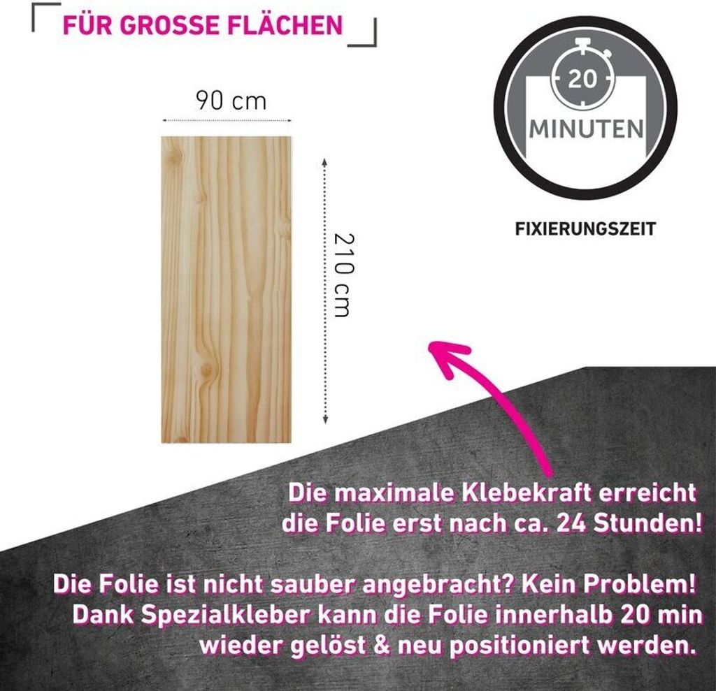 A product image showcasing a wooden plank-like sticker for large areas, with dimensions and application information.