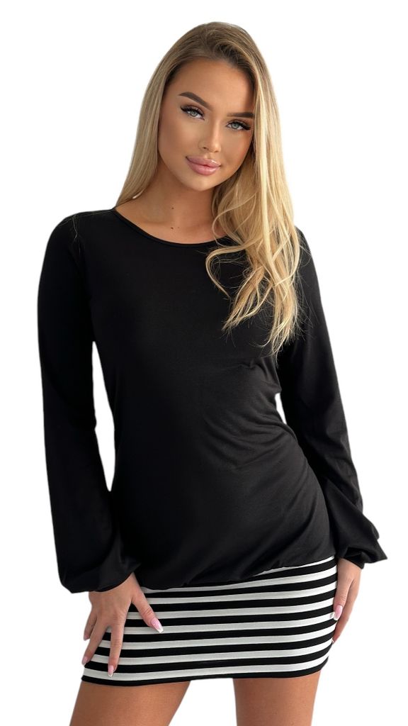 5-78 Mississhop Damen Minikleid Kleid Langarmkleid Tunika Langarmshirt mit Streifen Schwarz M