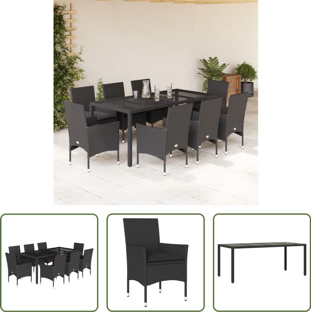 The Living Store 9-tlg. Garten-Essgruppe mit Kissen Schwarz Poly Rattan und Glas