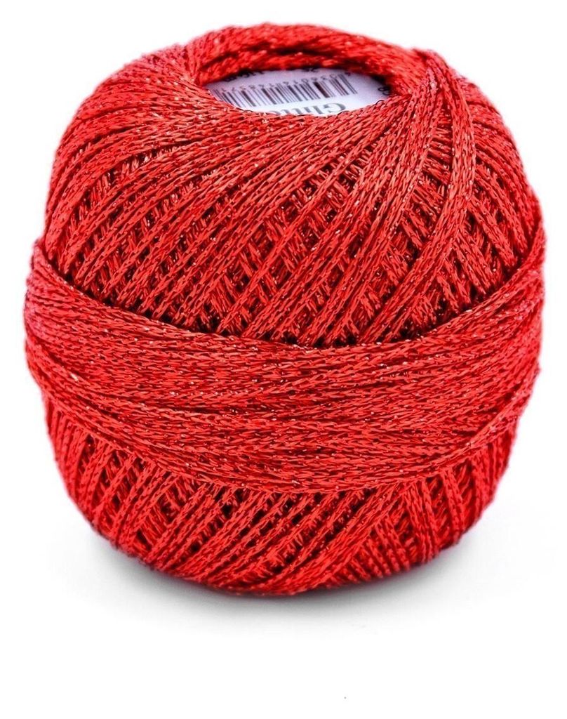 A single ball of red yarn with metallic threads, shown against a white background.