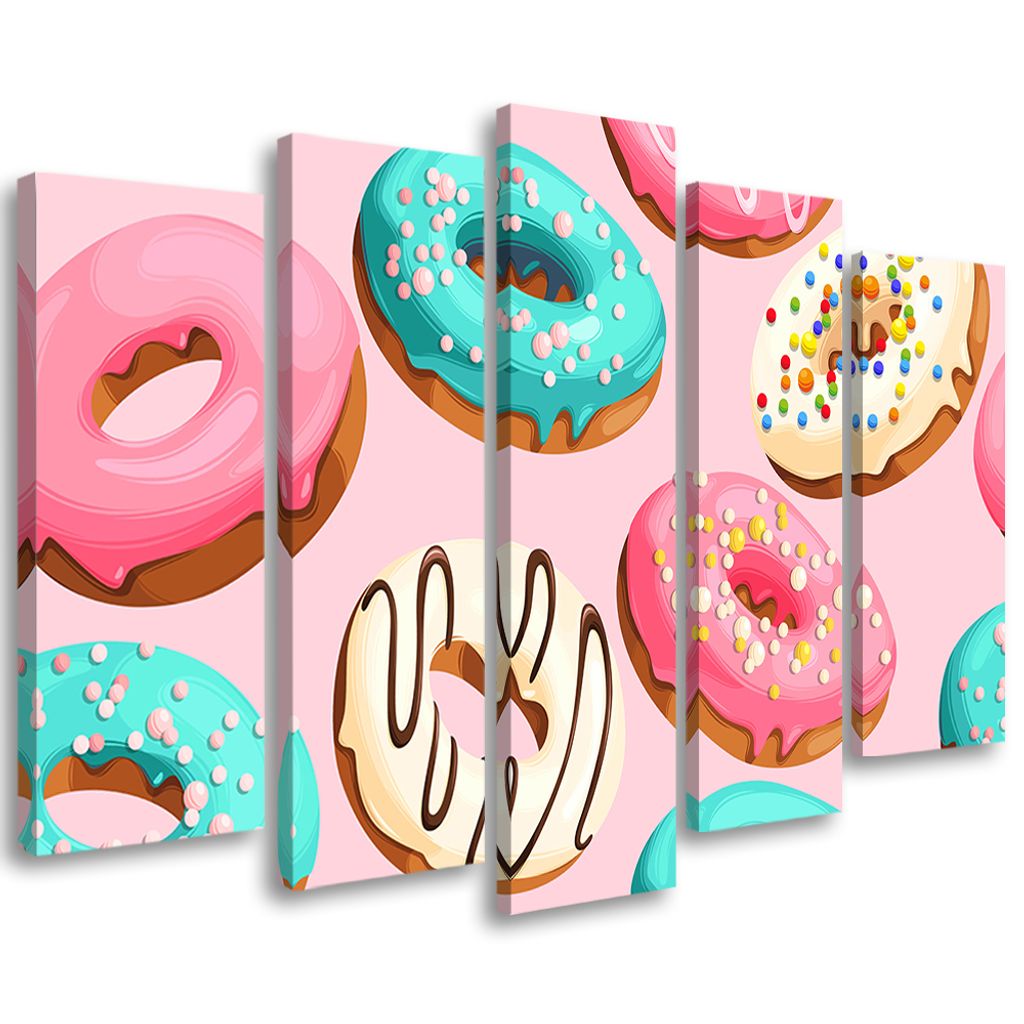 5-teiliges leinwandbild donuts torten 150x100 cm Feeby rosa wandbild bereit zum aufhängen