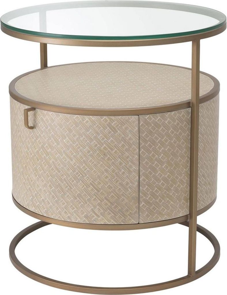 Casa Padrino Luxus Nachttisch Beige / Messingfarben Ø 50 x H. 56 cm - Runder Beistelltisch mit Schublade und Glasplatte - Luxus Schlafzimmermöbel