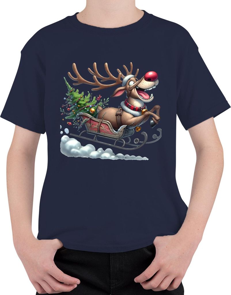 Rudolph Rentier Schlitten Weihnachtsbaum Glöckchen Cartoon Lustig Uni Kinder T-Shirt, Navy, 116
