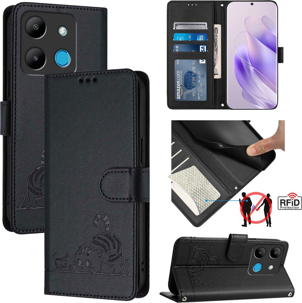 Leder Hülle für Infinix Smart 7 Süße Katze Flip Case Brieftasche Schutzhülle mit Standfunktion Schwarz